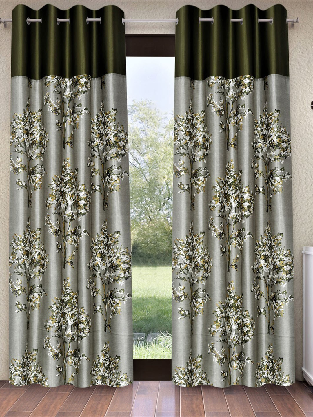 Fashion String Green & White 2 Pieces Floral Printed Door Curtains