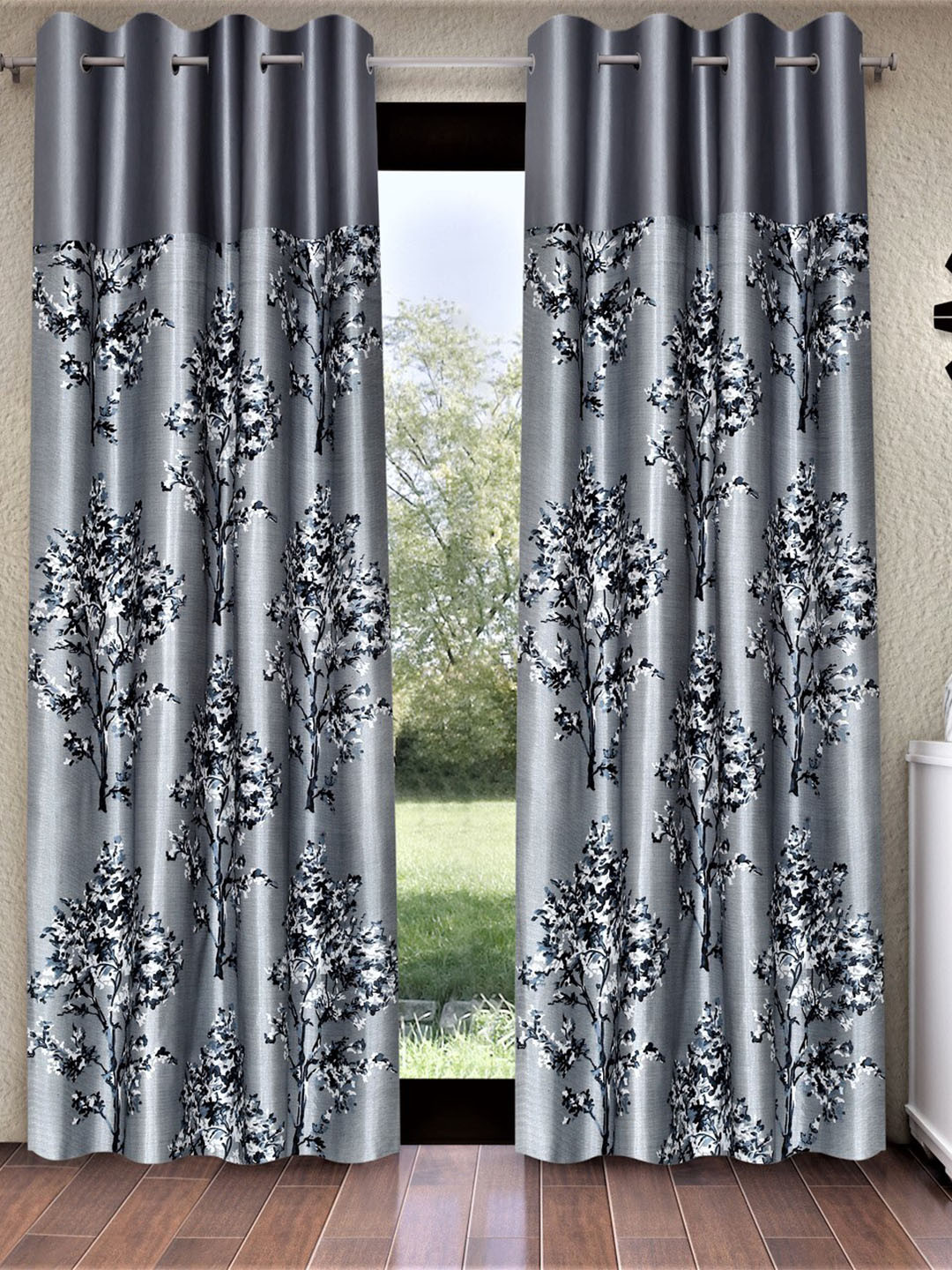 Fashion String Grey & White 2 Pieces Floral Printed Long Door Curtains