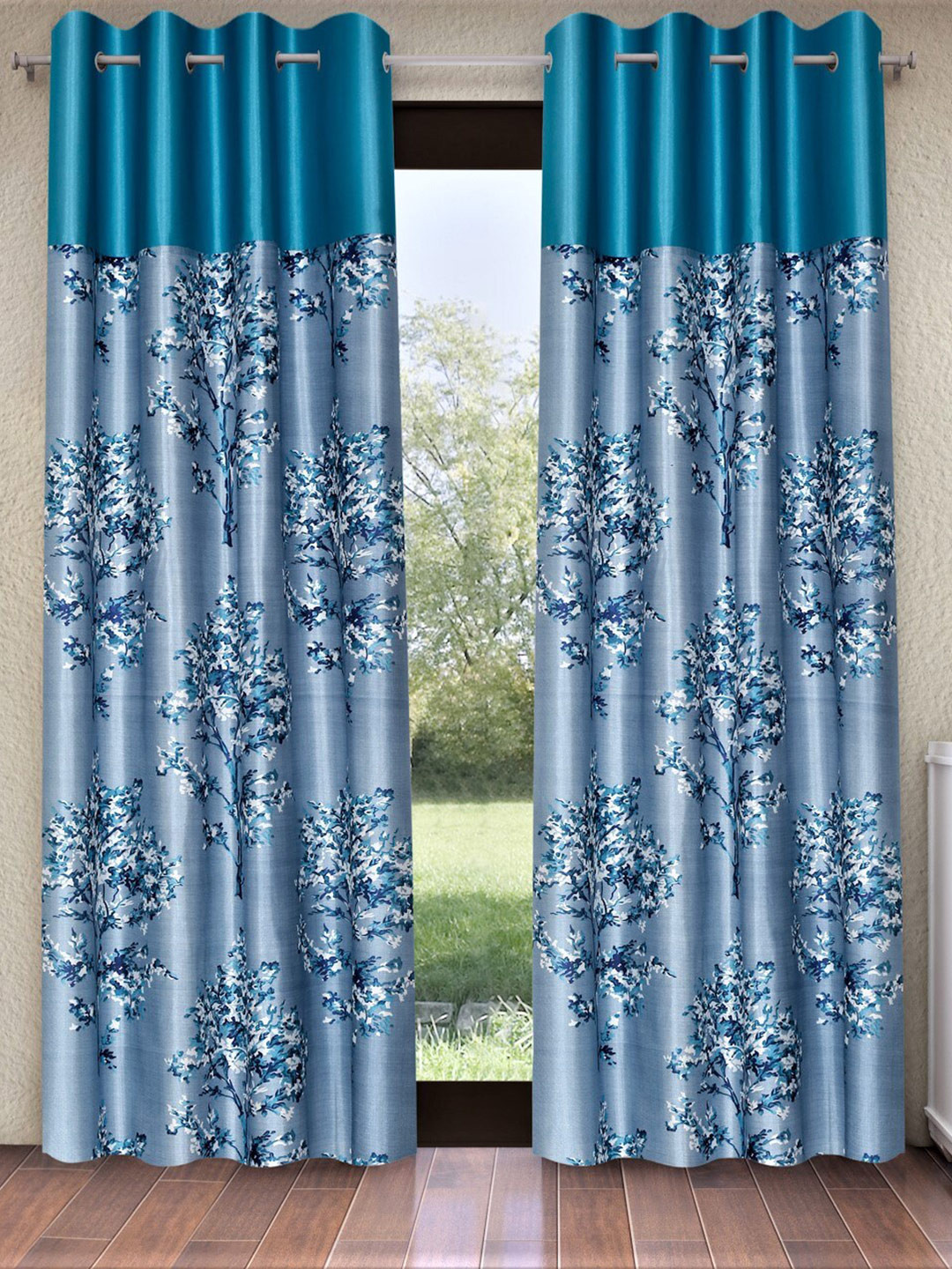 Fashion String Blue & White 2 Pieces Floral Printed Long Door Curtains