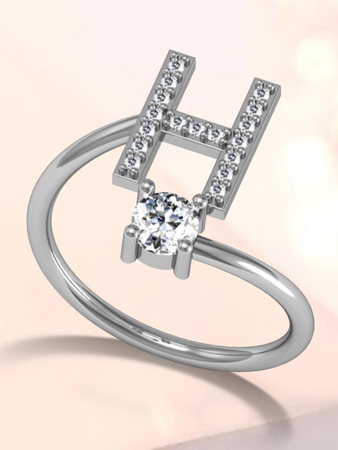 MYKI Silver-Plated Cubic Zirconia-Studded H Letter Ring