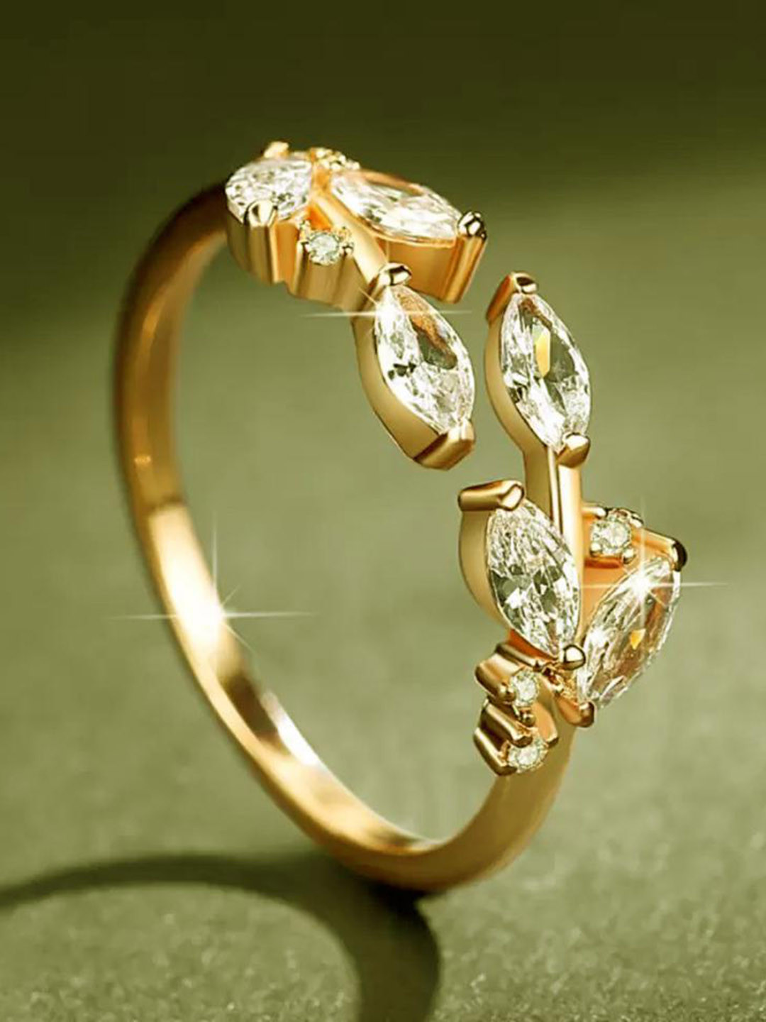 MYKI Gold-Plated CZ-Studded Beautiful Leaves Finger Ring
