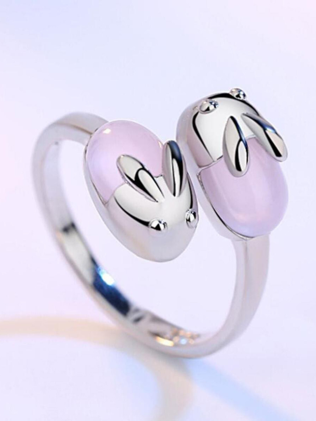 MYKI Silver-Plated Adorable Rabbit CZ-Studded Finger Ring