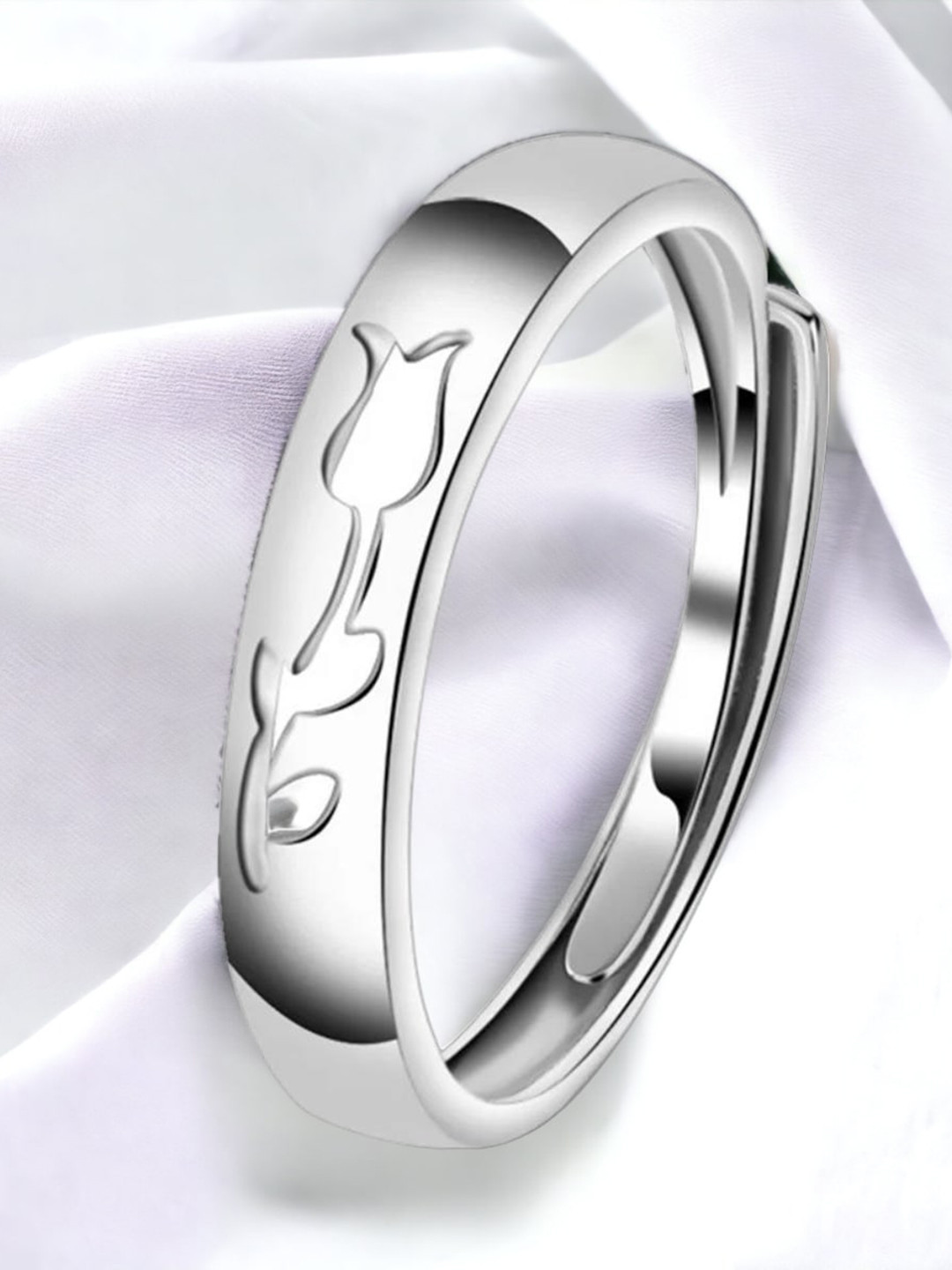 MYKI Silver-Plated Rose Engraved Adjustable Finger Ring
