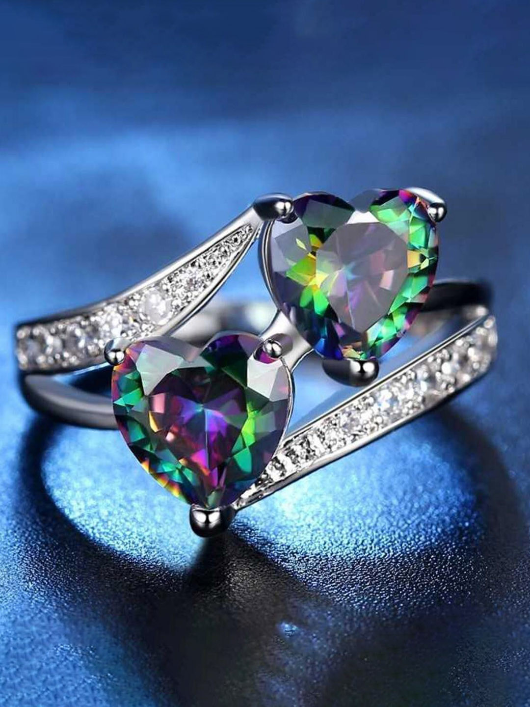 MYKI Sizzling Sterling Silver Cubic Zirconia Stone-Studded Double Heart Design Finger Ring