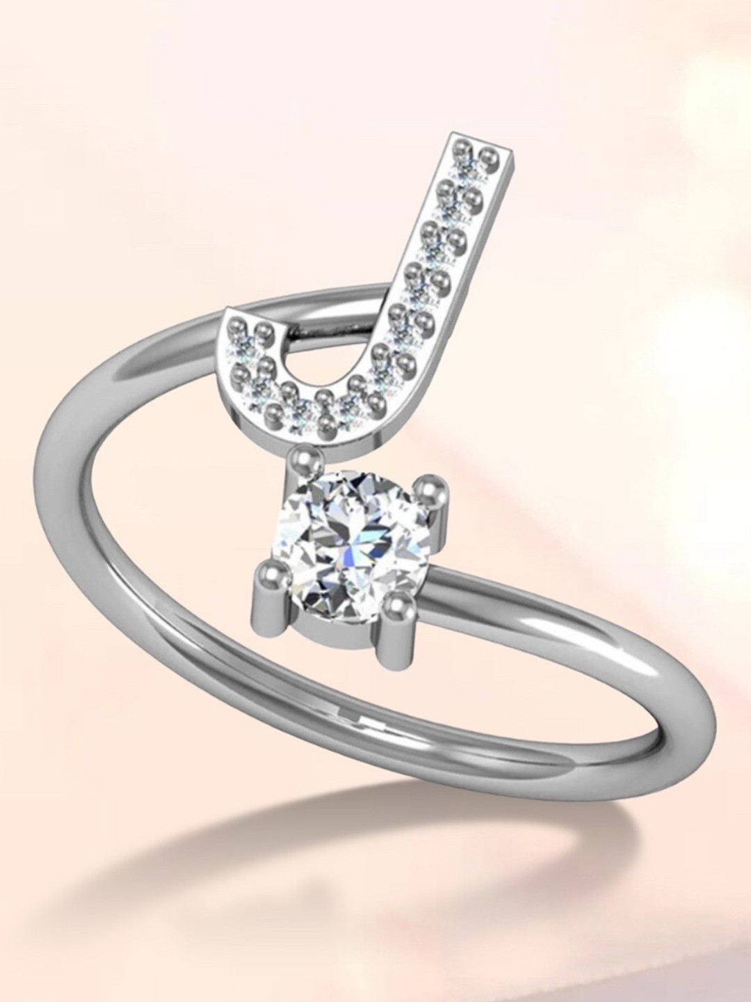 MYKI Silver-Plated & CZ Stone-Studded J Shaped Adjustable Finger Ring
