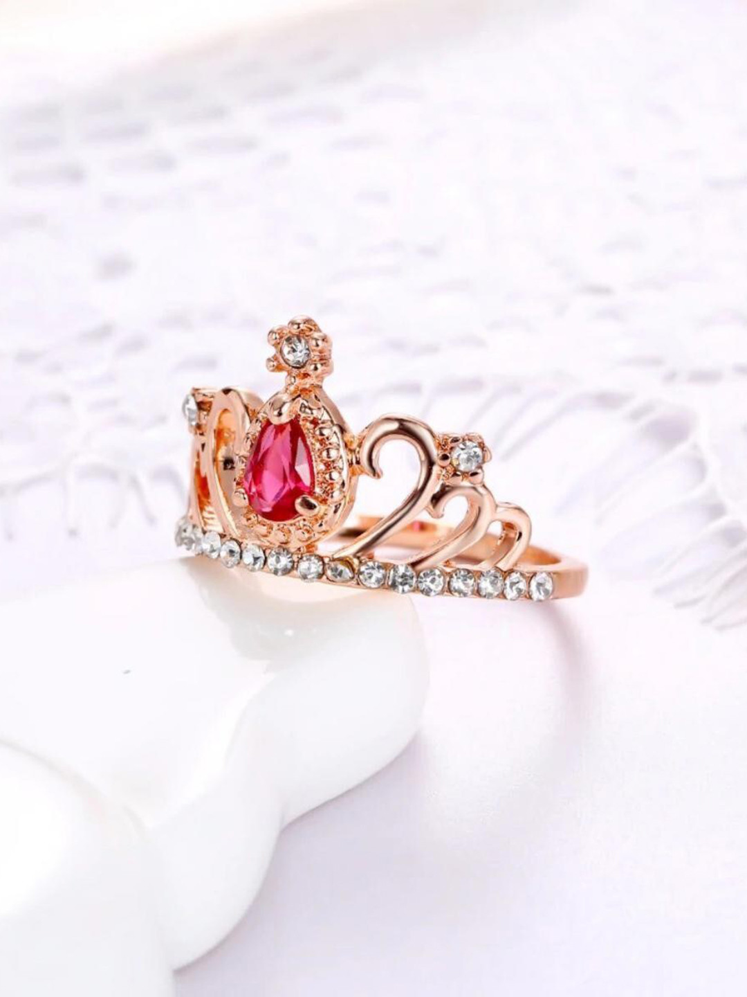 MYKI Women Rose Gold-Plated CZ-Studded Queen's Crown Shaped Finger Ring