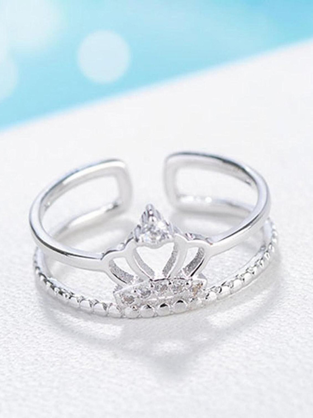 MYKI Silver-Plated CZ-Studded Adjustable Princess Crown Finger Ring