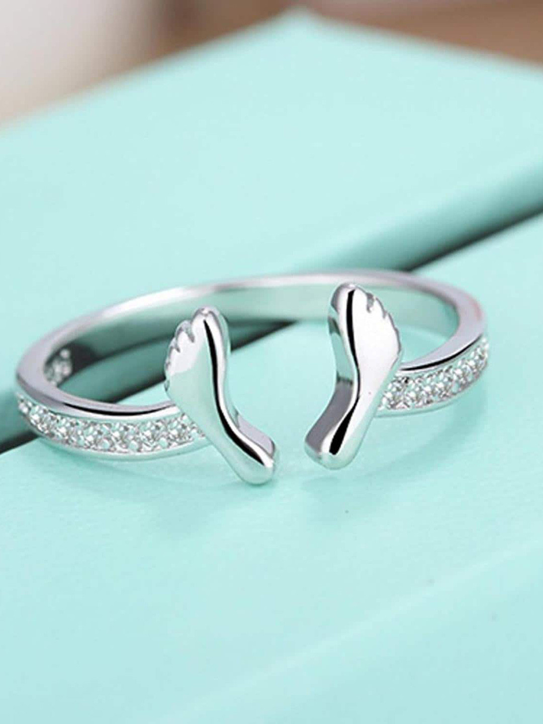MYKI Silver-Plated CZ-Studded Foot Tail Finger Ring
