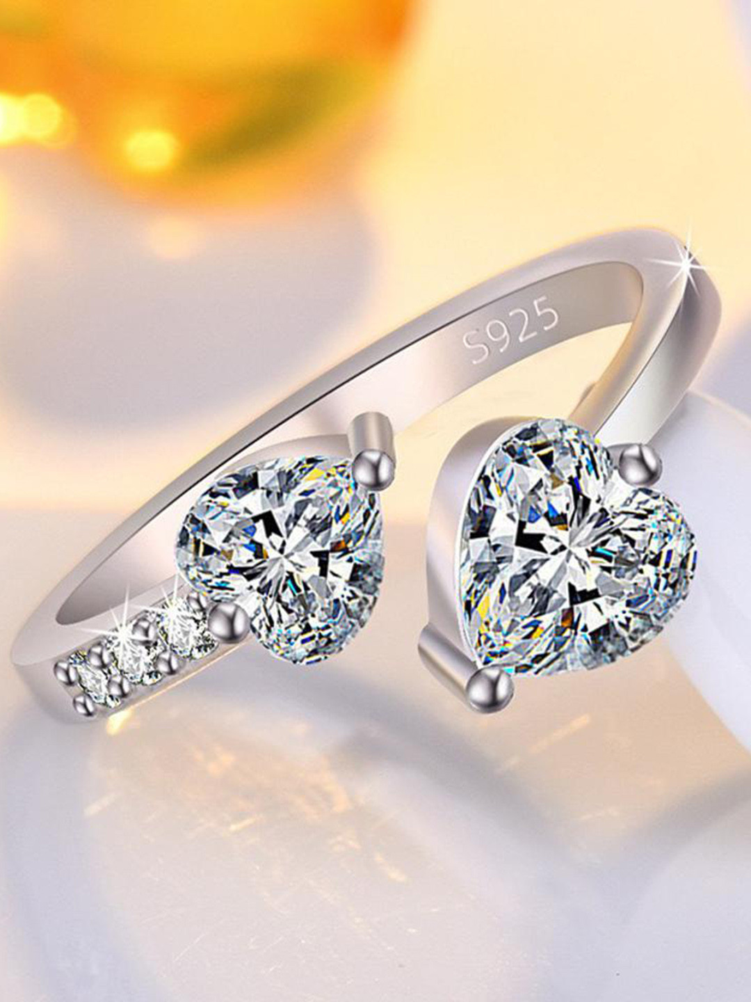 MYKI  Silver-Plated Stone-Studded Heart Cut Statement Finger Ring