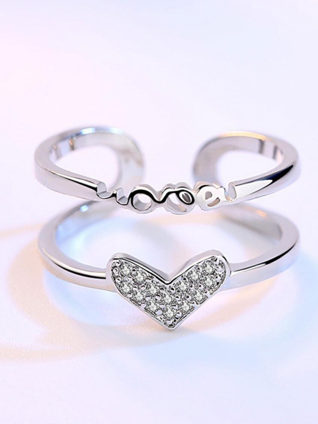 MYKI Silver-Plated Cubic Zirconia-Studded Heart Design Ring