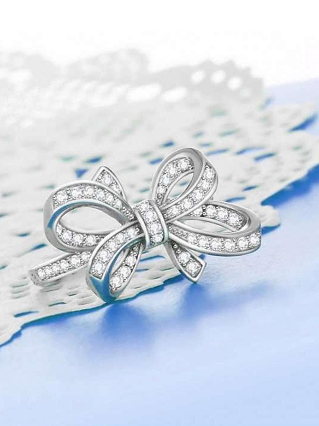 MYKI Silver-Plated Cubic Zirconia-Studded Bow Design Ring