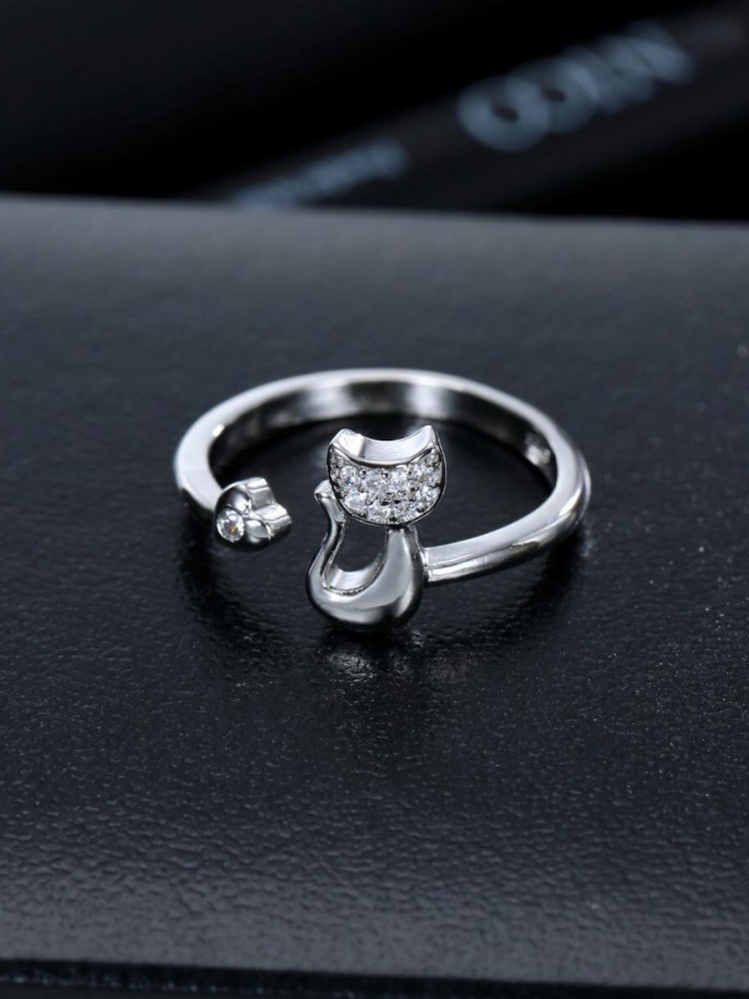 MYKI Sizzling Silver-Plated Cubic Zirconia Stone Studded Cat Design Adjustable Finger Ring