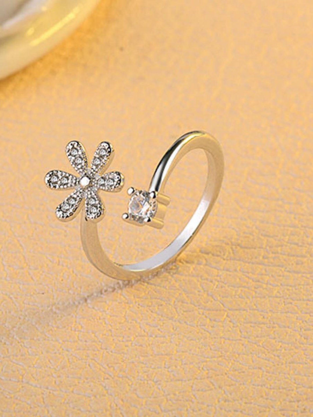 MYKI Silver-Plated Studded Alluring Flower Finger Ring