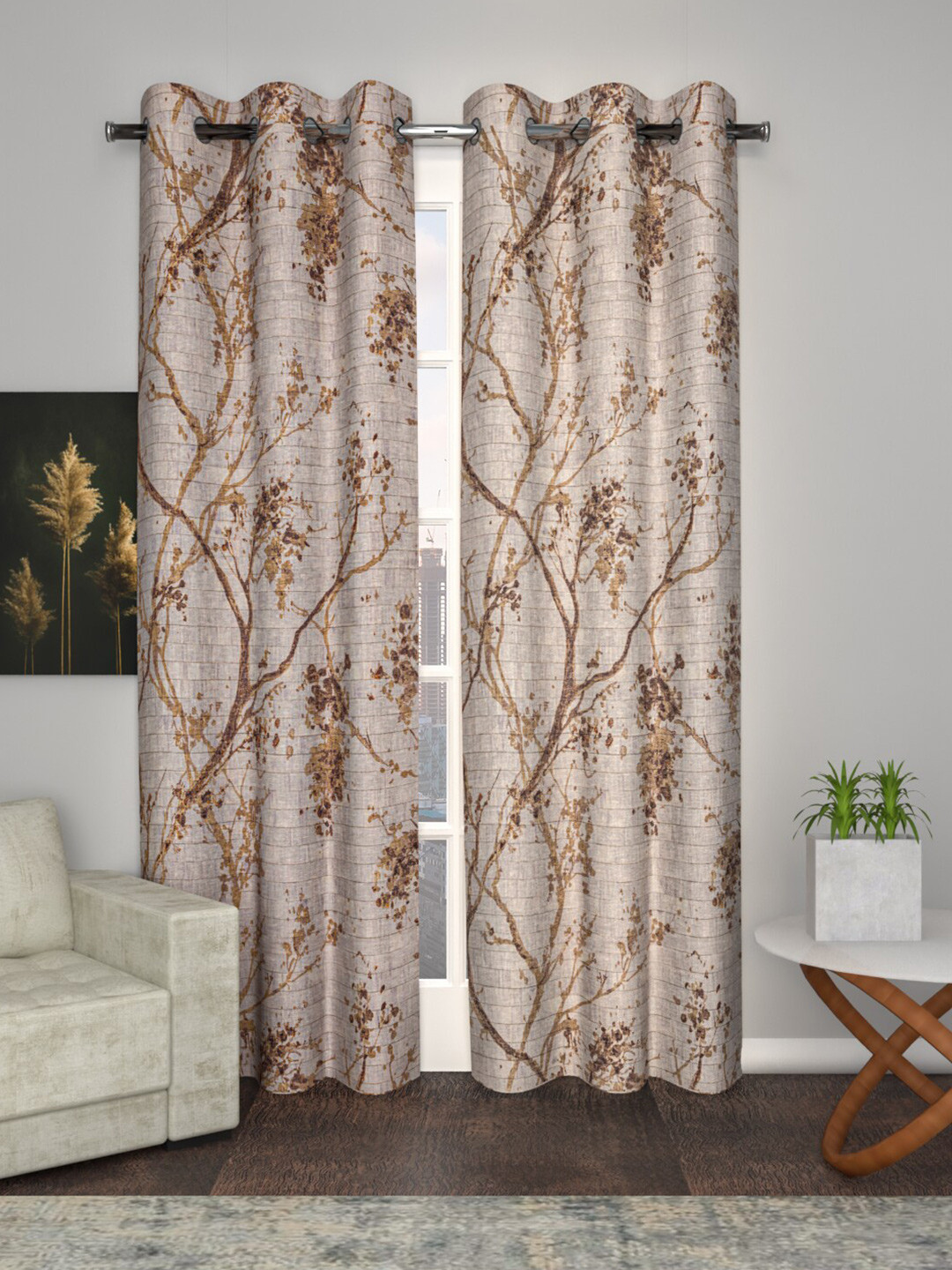 Soumya Rust & Cream-Coloured Floral Sheer Door Curtain