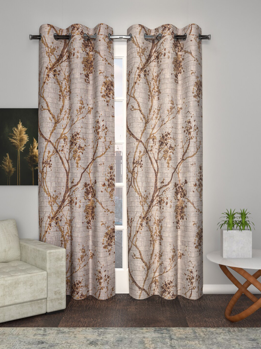 Soumya Rust & Brown Floral Printed Sheer Long Door Curtain