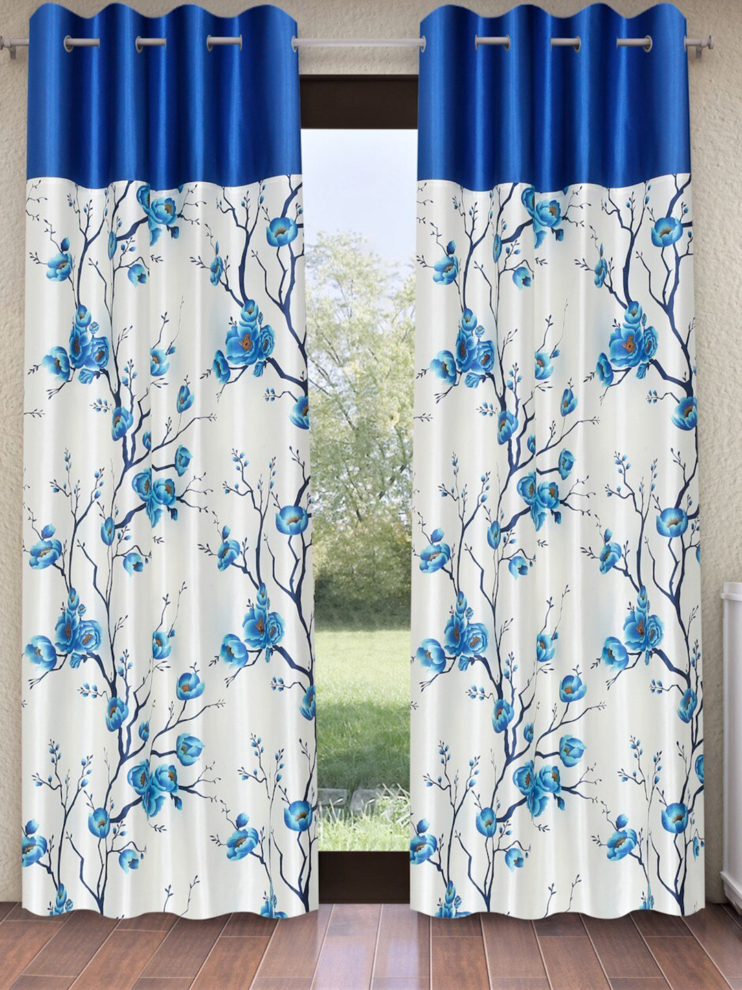Fashion String White & Blue 2-Pieces Floral Door Curtains