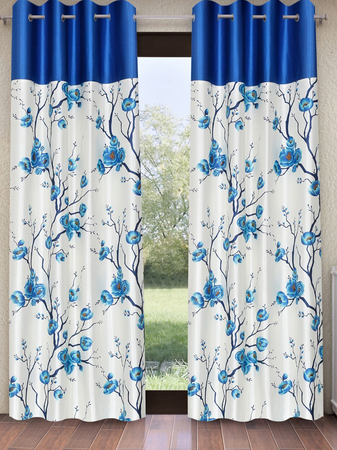 Fashion String White & Blue 2 Pieces Floral Printed Long Door Curtains