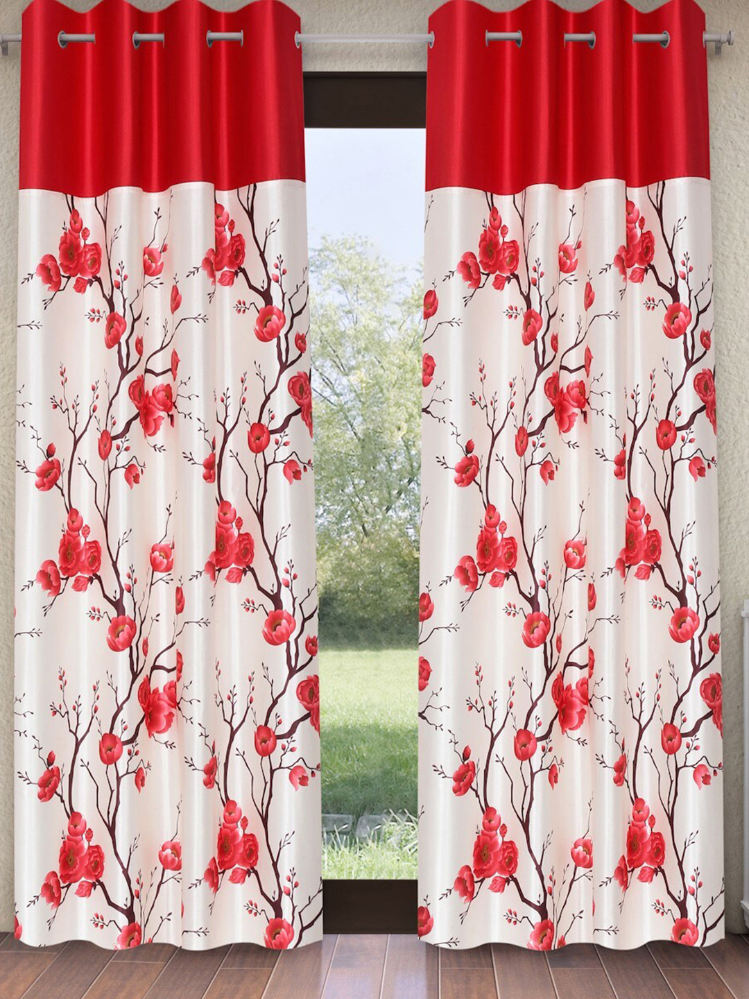 Fashion String White & Red 2 Pieces Floral Printed Long Door Curtains