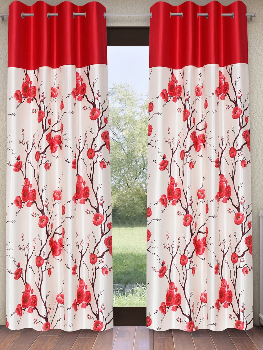 Fashion String White & Red 2 Pieces Floral Printed Window Curtains
