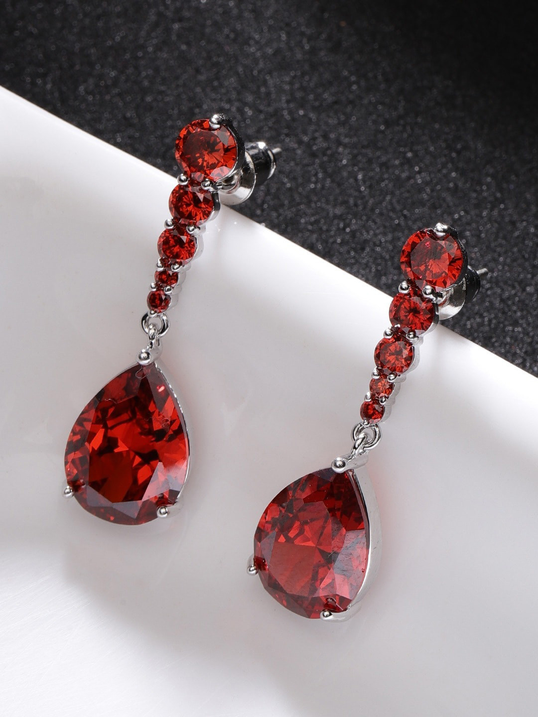 Carlton London Silver-Plated Teardrop Shaped Red Drop CZ Earrings