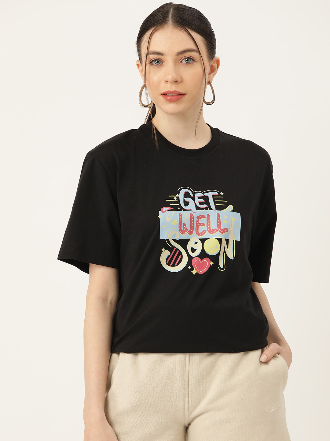Slenor Typography Printed Drop-Shoulder Sleeves Pure Cotton Loose T-shirt