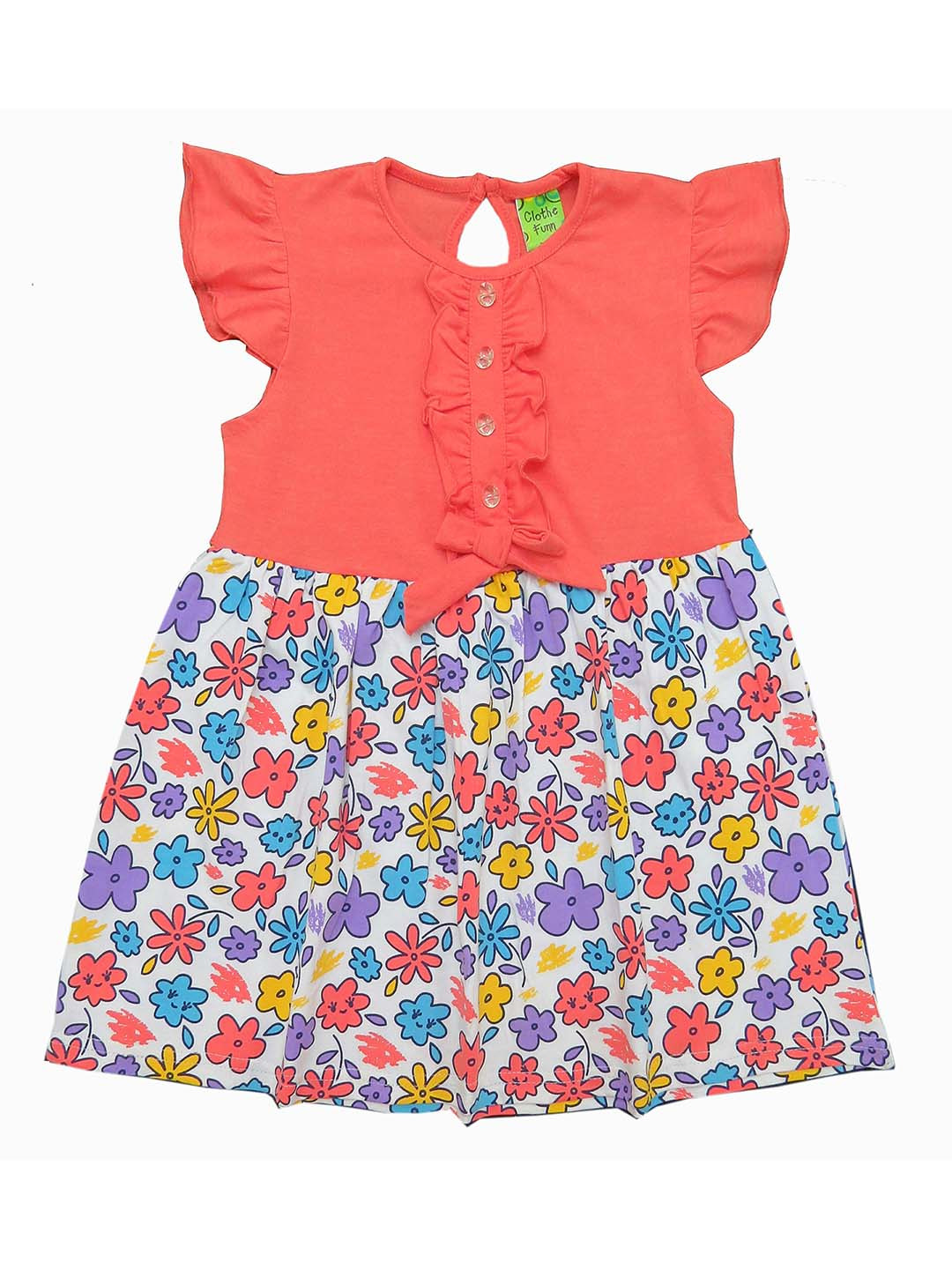 Clothe Funn Girls Floral Printed Round Neck Cap Sleeves Ruffled Cotton A-Line Dress