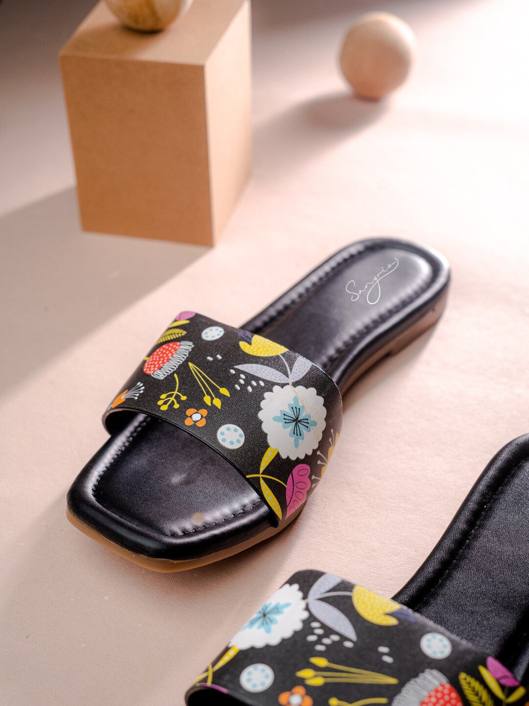 Sangria Black And Yellow Printed Open-Toe Flats