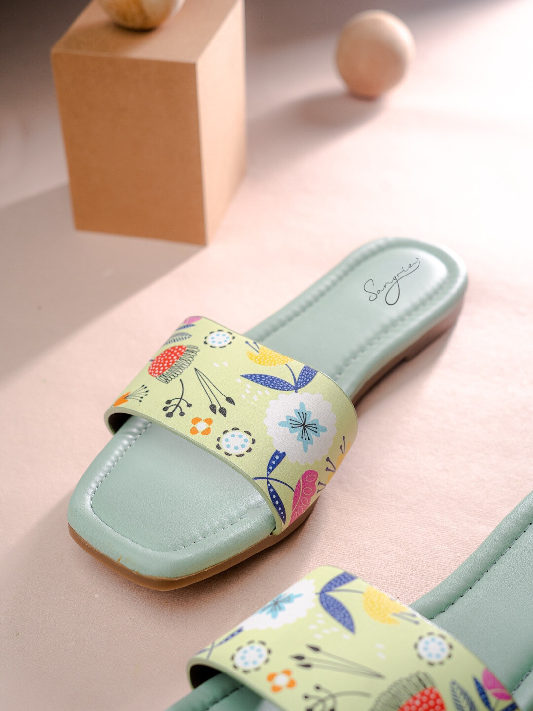 Sangria Sea Green Printed Open-Toe Flats