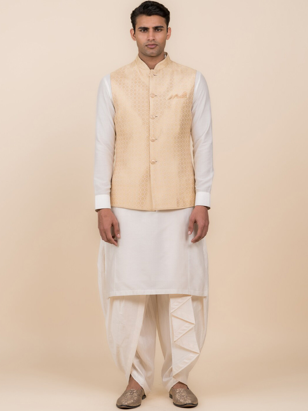 Tasva Mandarin Collar Kurta with Dhoti Pants & Woven Design Nehru Jacket