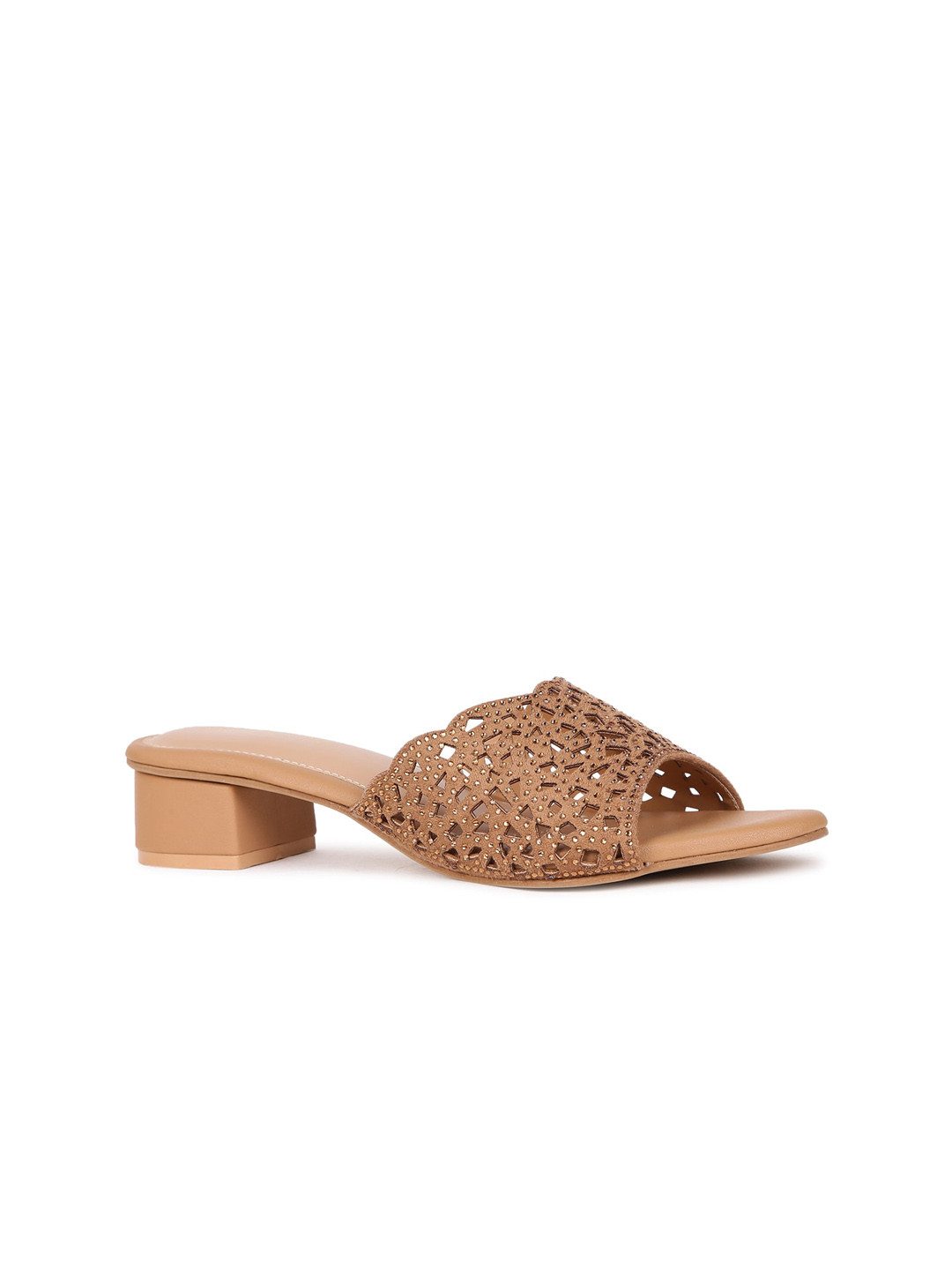 Marie Claire Beige And Gold-Toned Laser Cuts Embellished Block Heeled Sandals