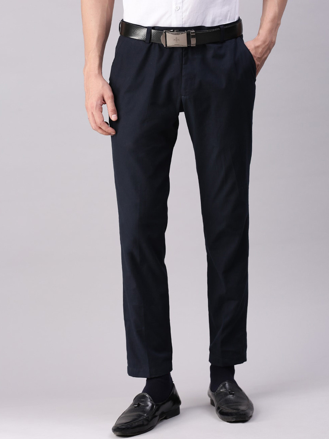 Kryptic Men Solid Cotton Blend Tapered Fit Cropped Formal Trousers