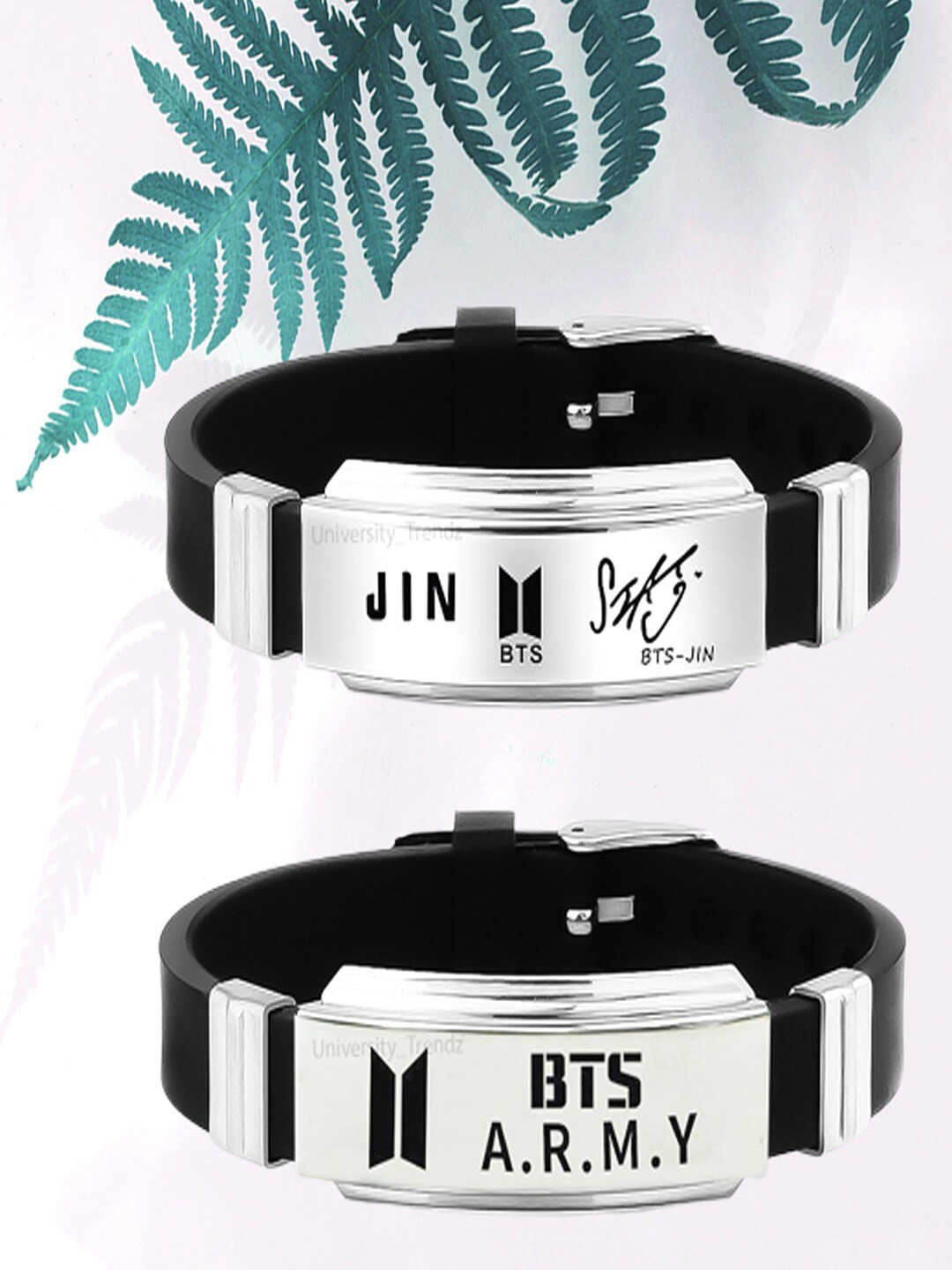 UNIVERSITY TRENDZ Set Of 2 Silver-Plated BTS Army & Jin Signature Wraparound Bracelet