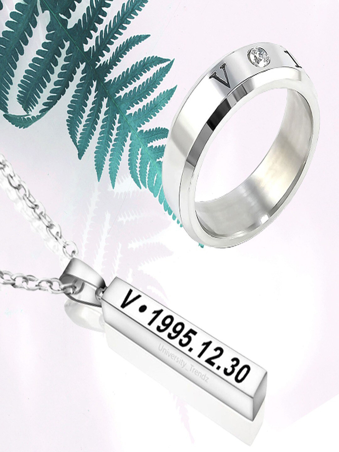 UNIVERSITY TRENDZ Set Of 2 Silver-Plated KPOP BTS V Pendant & Ring