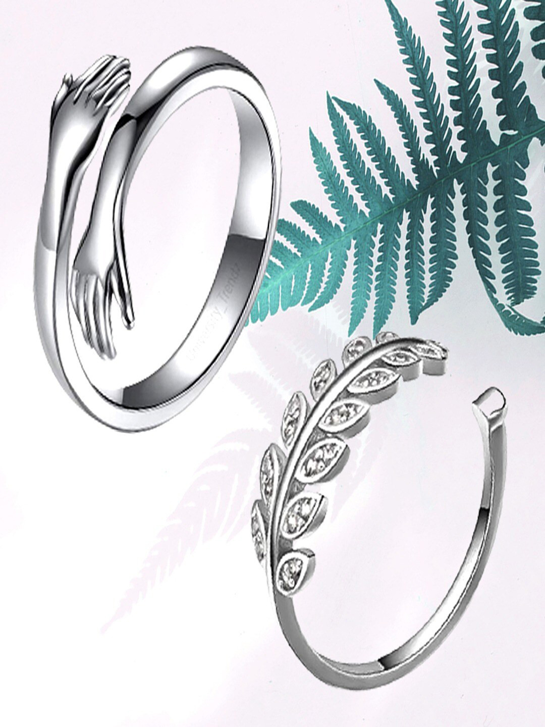 UNIVERSITY TRENDZ Set Of 2 Silver-Plated Crystal Stud Leaf & Hand Hug Design Finger Rings