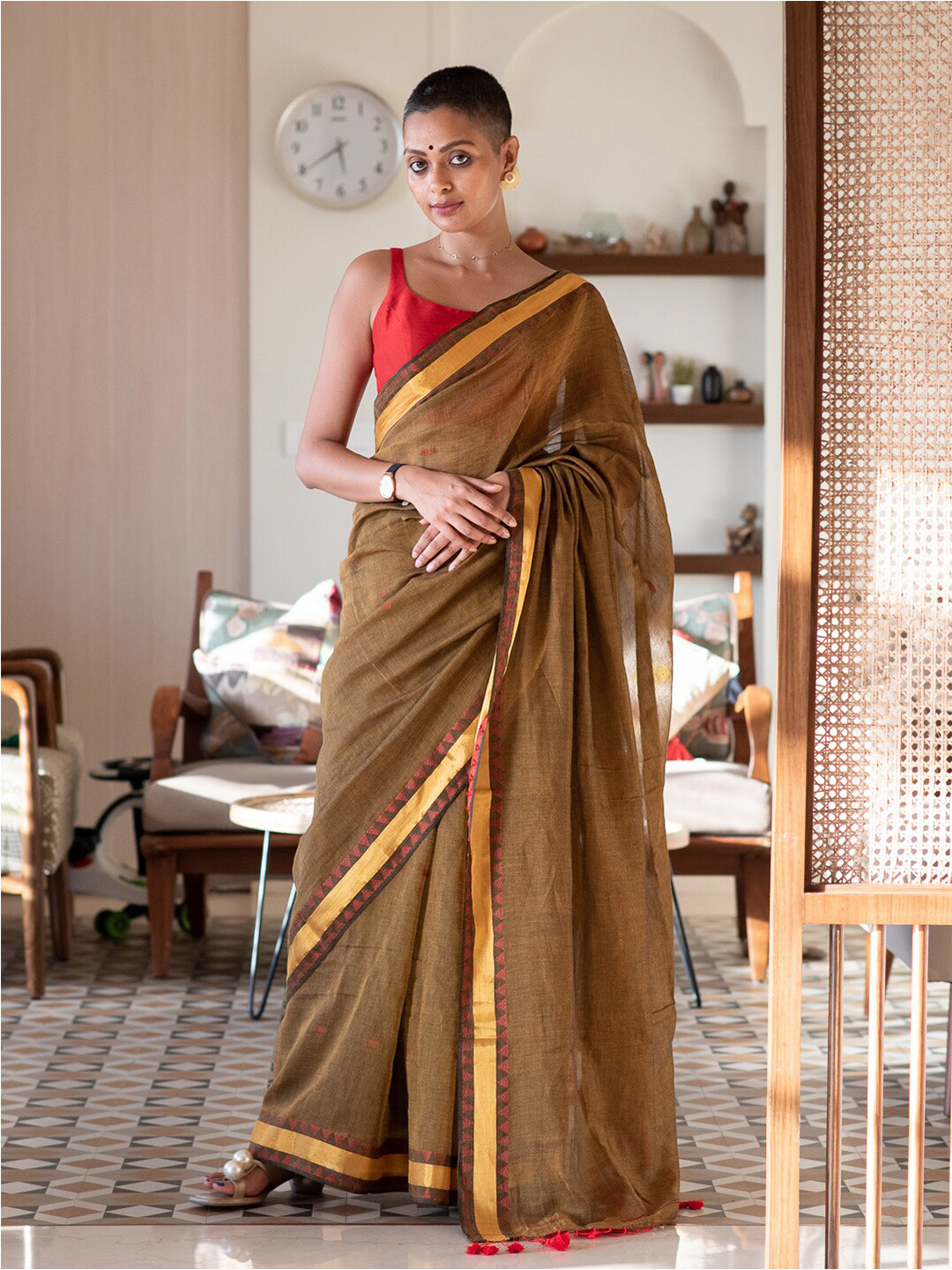Suta Mustard & Red Woven Design Pure Cotton Saree