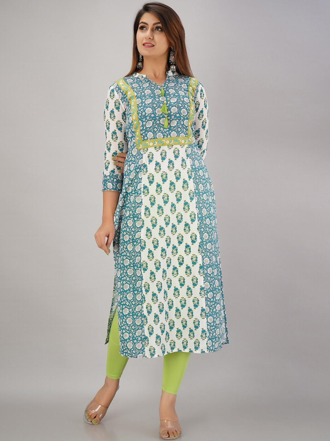 HERE&NOW Mandarin Collar Floral Printed Thread Work Straight Kurta