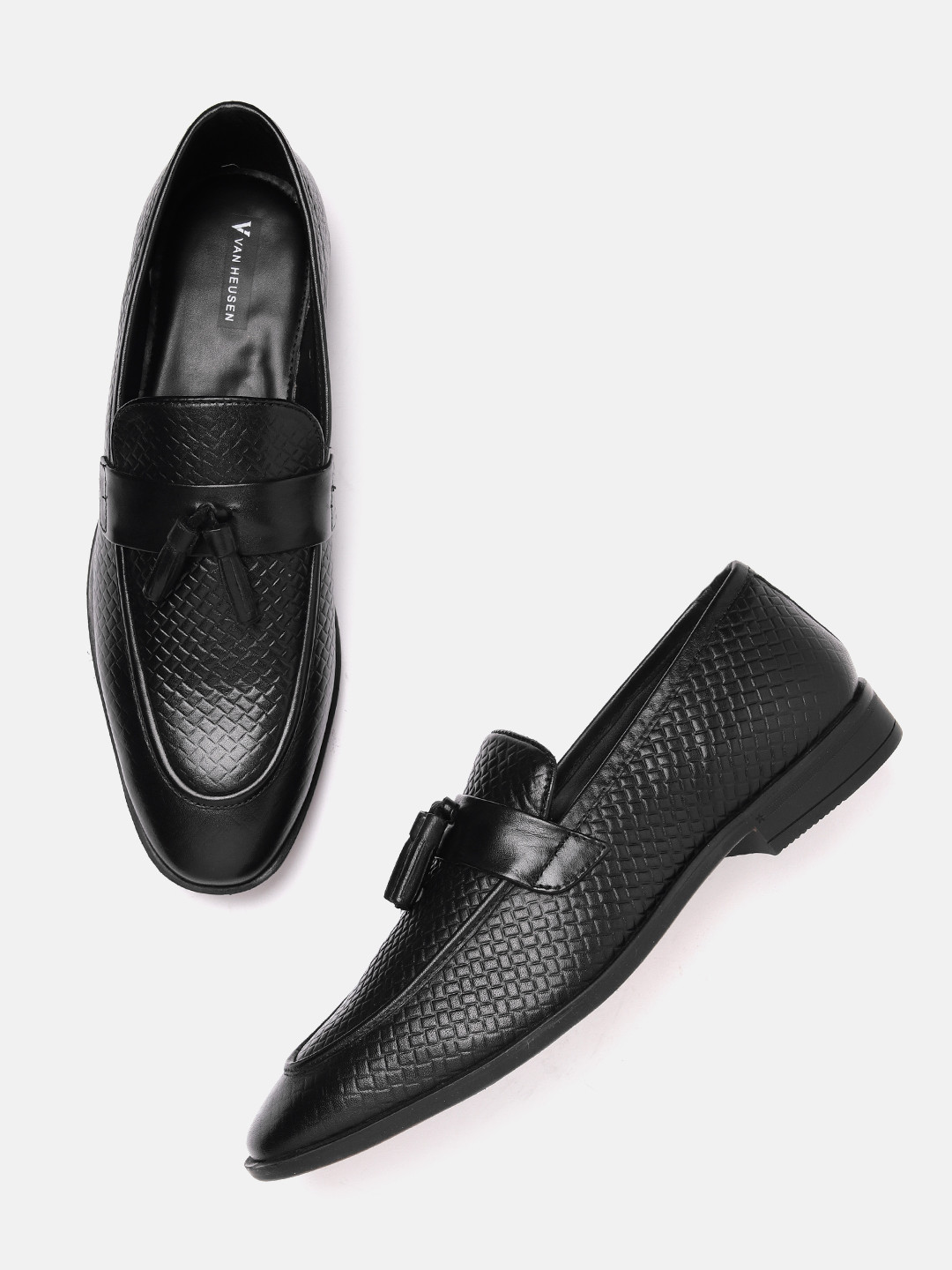 Van Heusen Men Leather Basketweave Textured Formal Tasselled Loafers