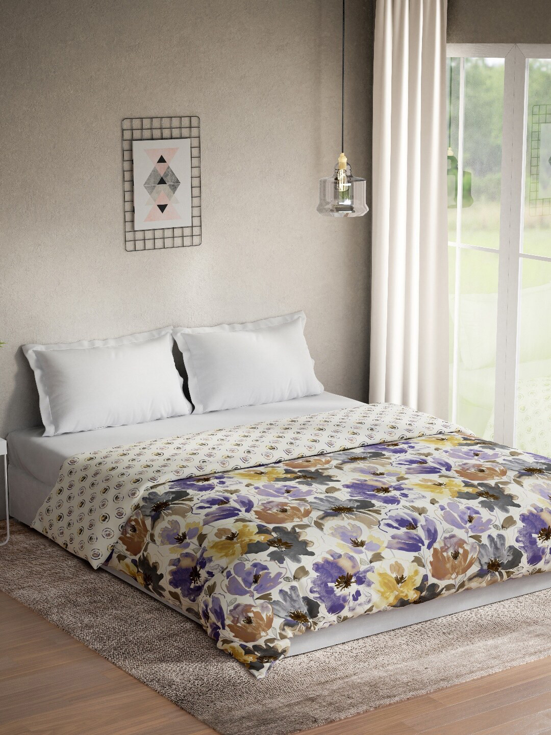 DDecor Cream-Coloured Floral Mild Winter 150 GSM Reversible Pure Cotton Double Bed Quilt