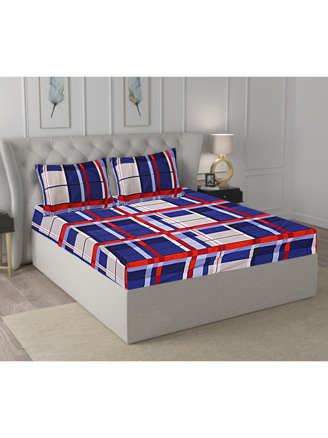 INDHOME LIFE Royal Passion Blue Geometric Cotton 210 TC Fitted Queen Fine Bedsheet with 2 Pillow Covers-274.13 x 100 inches