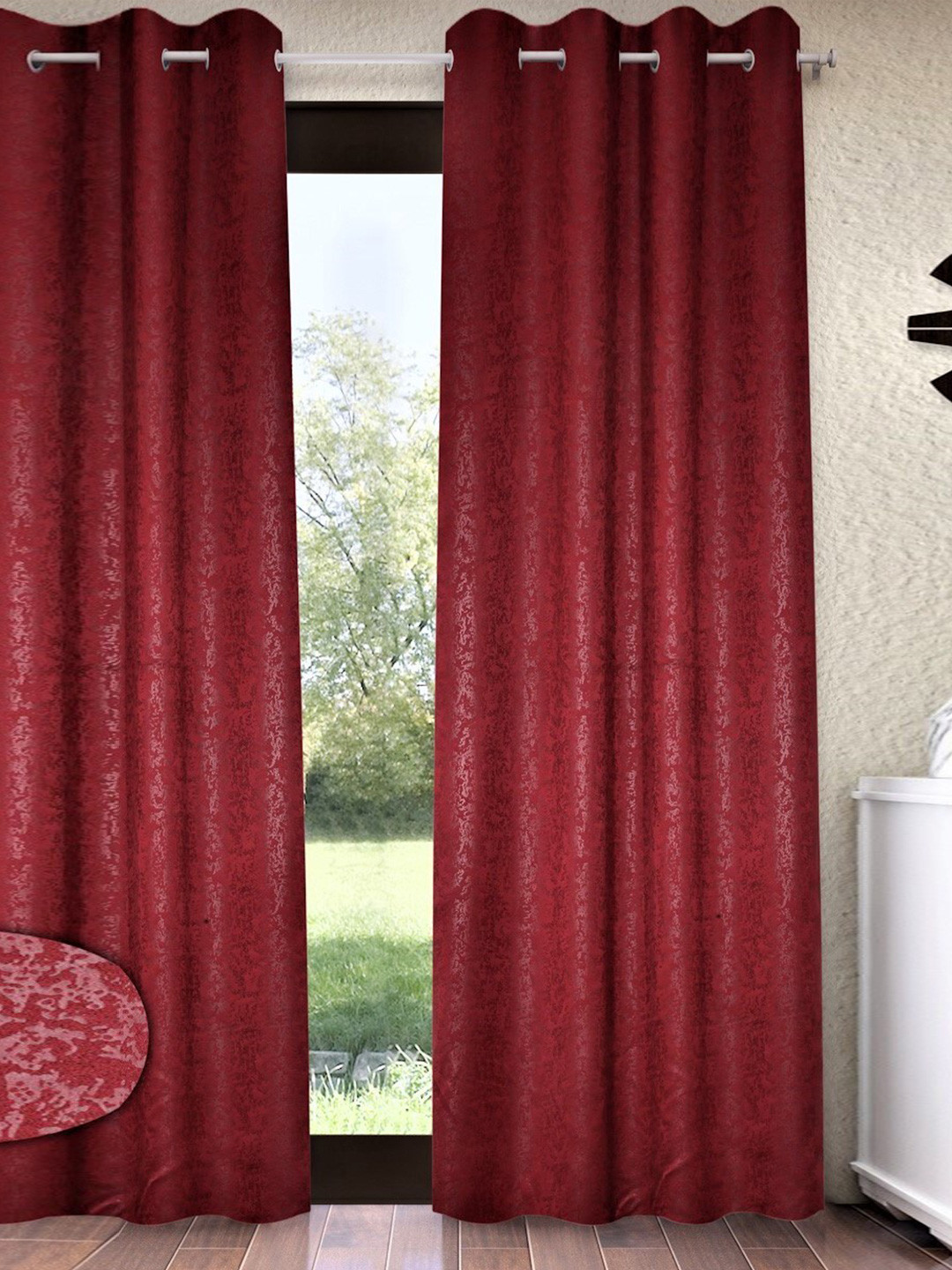 Home Sizzler Maroon & Gold-Toned Self Design Long Door Curtain