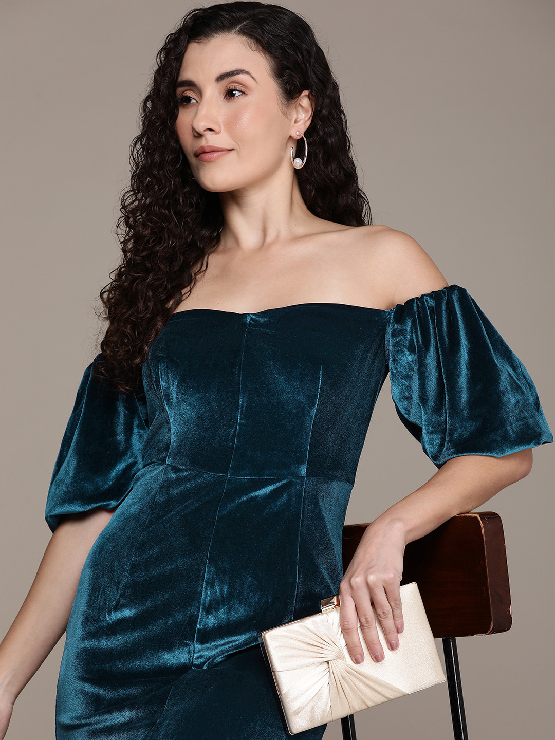 French Connection Off-Shoulder Puff Sleeve Velvet Bodycon Midi Dress
