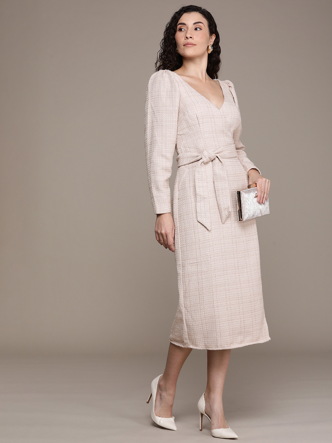 French Connection Embellished V-Neck Puff Sleeve Wrap Midi Party Dress