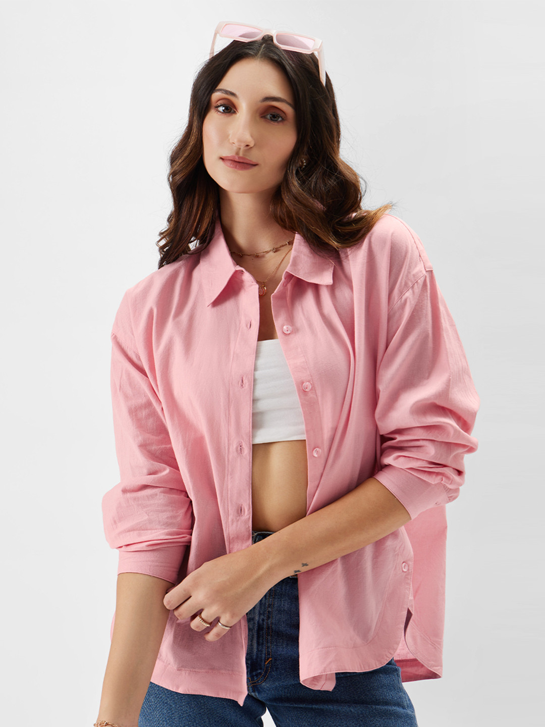 The Souled Store Women Pink Relaxed Cotton Linen Casual Shirt