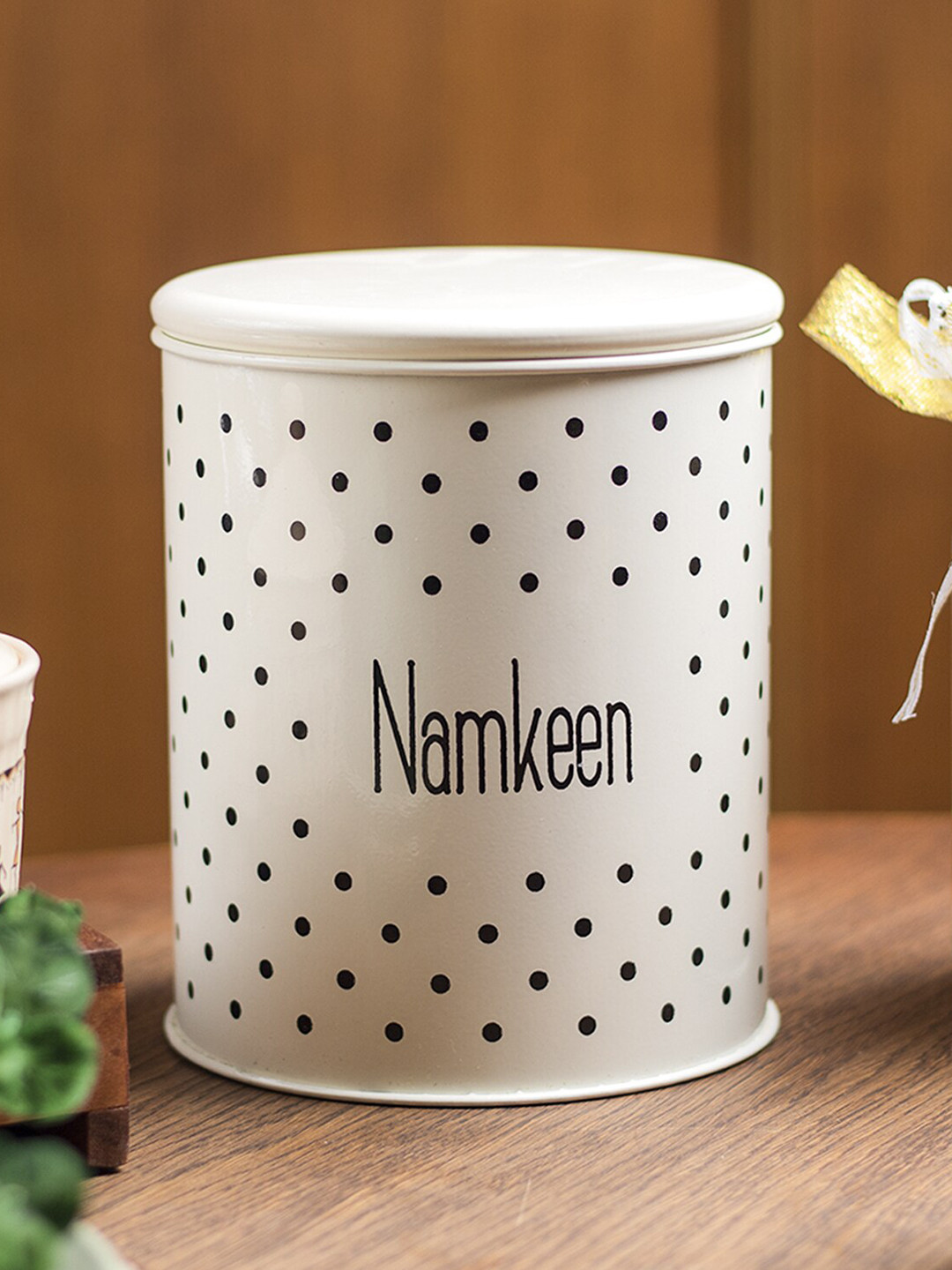 Market99 White Polka Dots Ivory Metal Airtight Namkeen Container-1400 ml