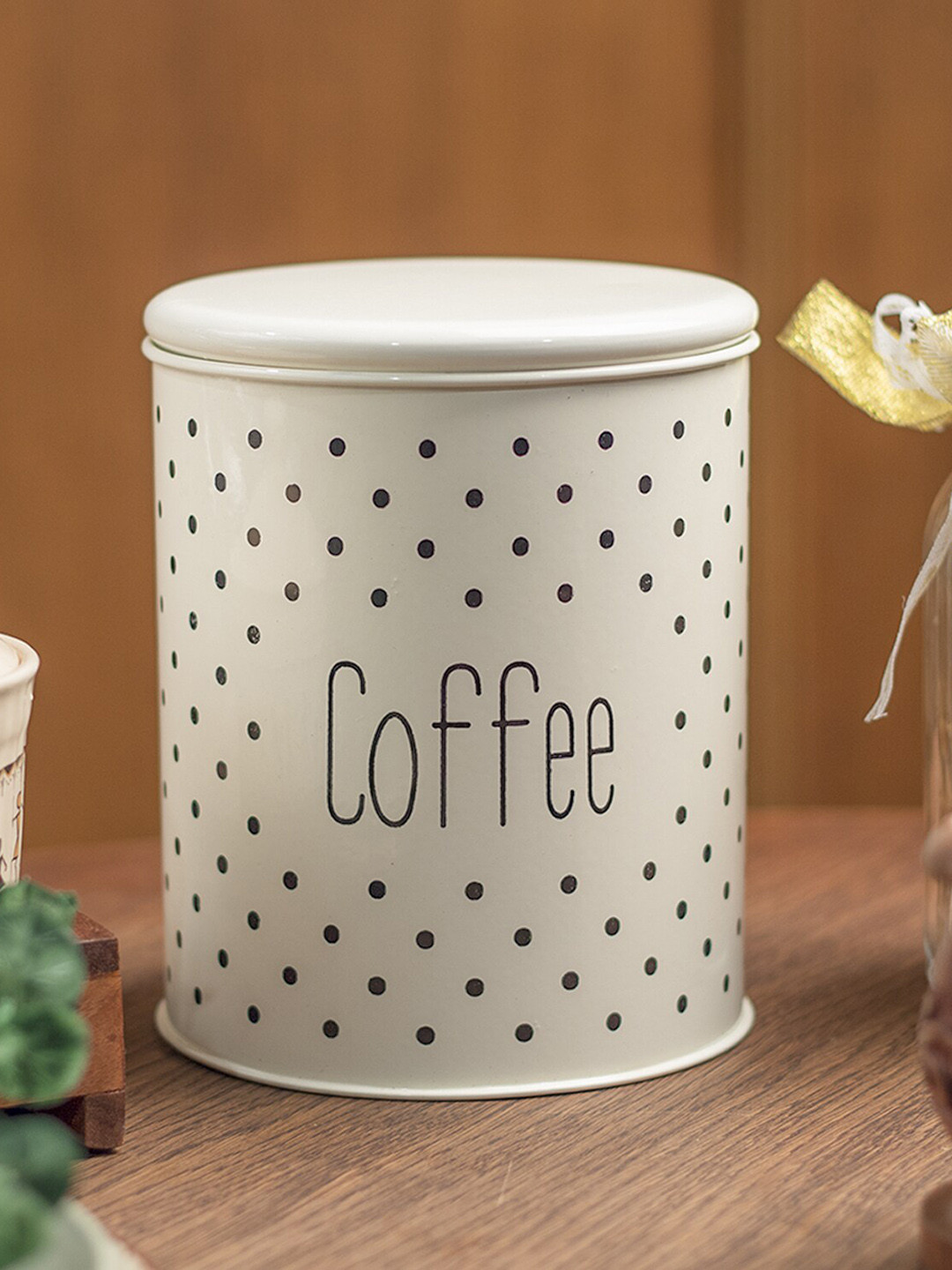 Market99 Stylish White Polka Dots Metal Dishwasher Safe Flip Top Canister-1.4L