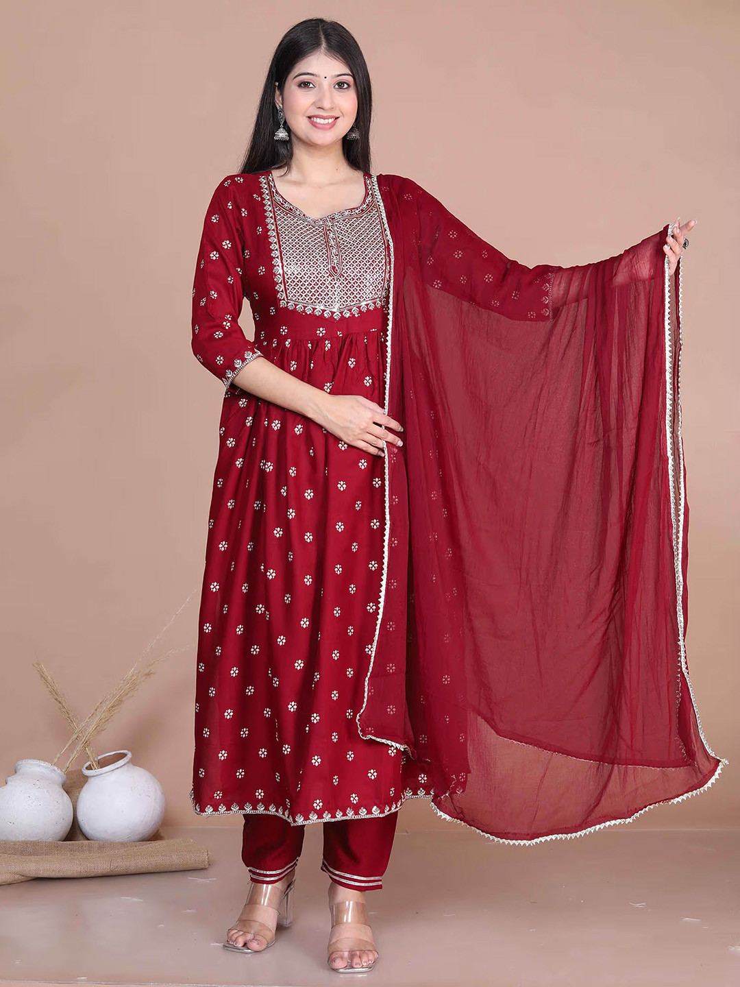 KALINI Women Rayon Embroidered Kurta & Palazzo With Dupatta Set