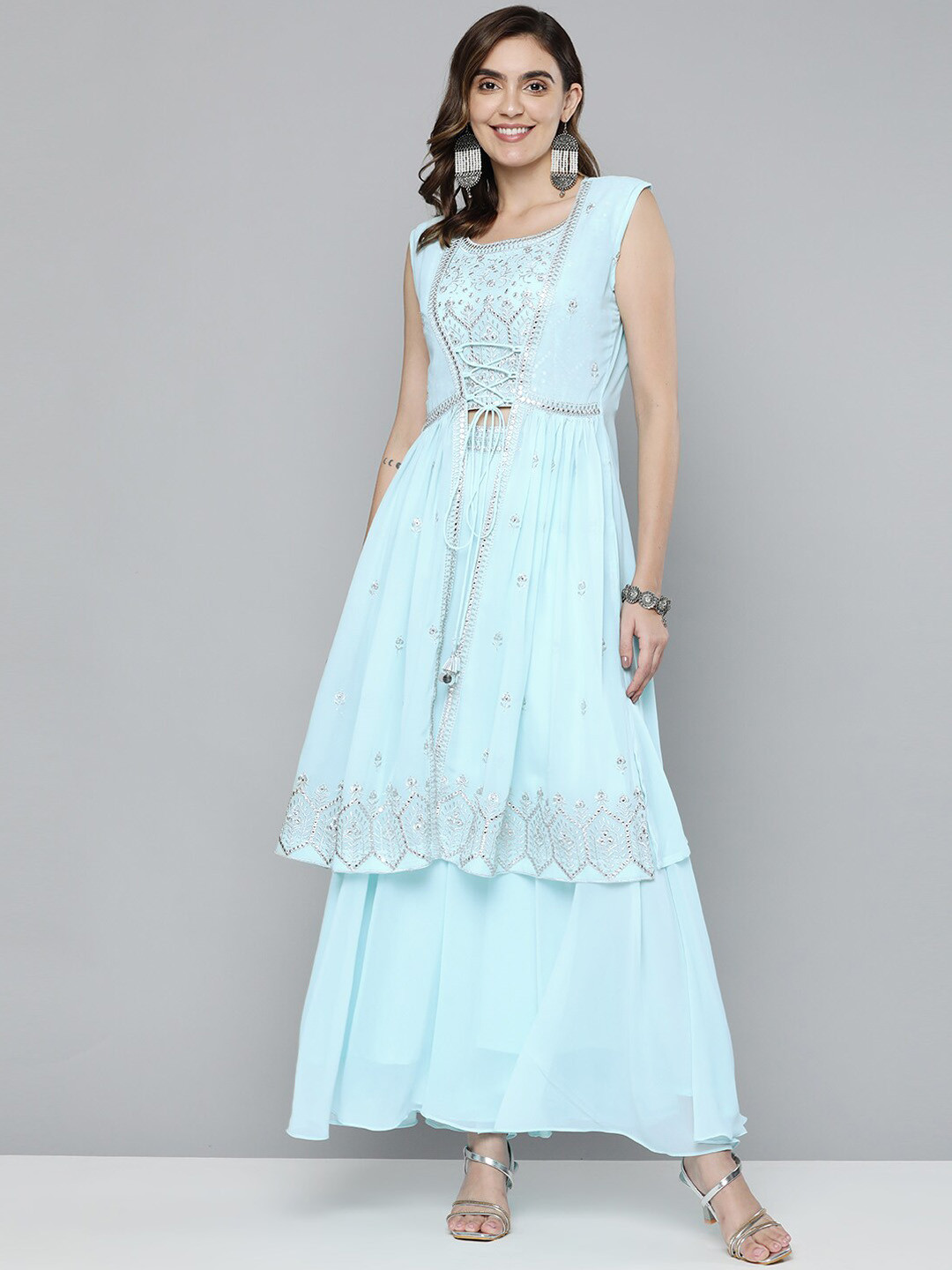 Kvsfab Blue Sequence Embroidered Top & Palazzos Co-Ord Set With Shrug