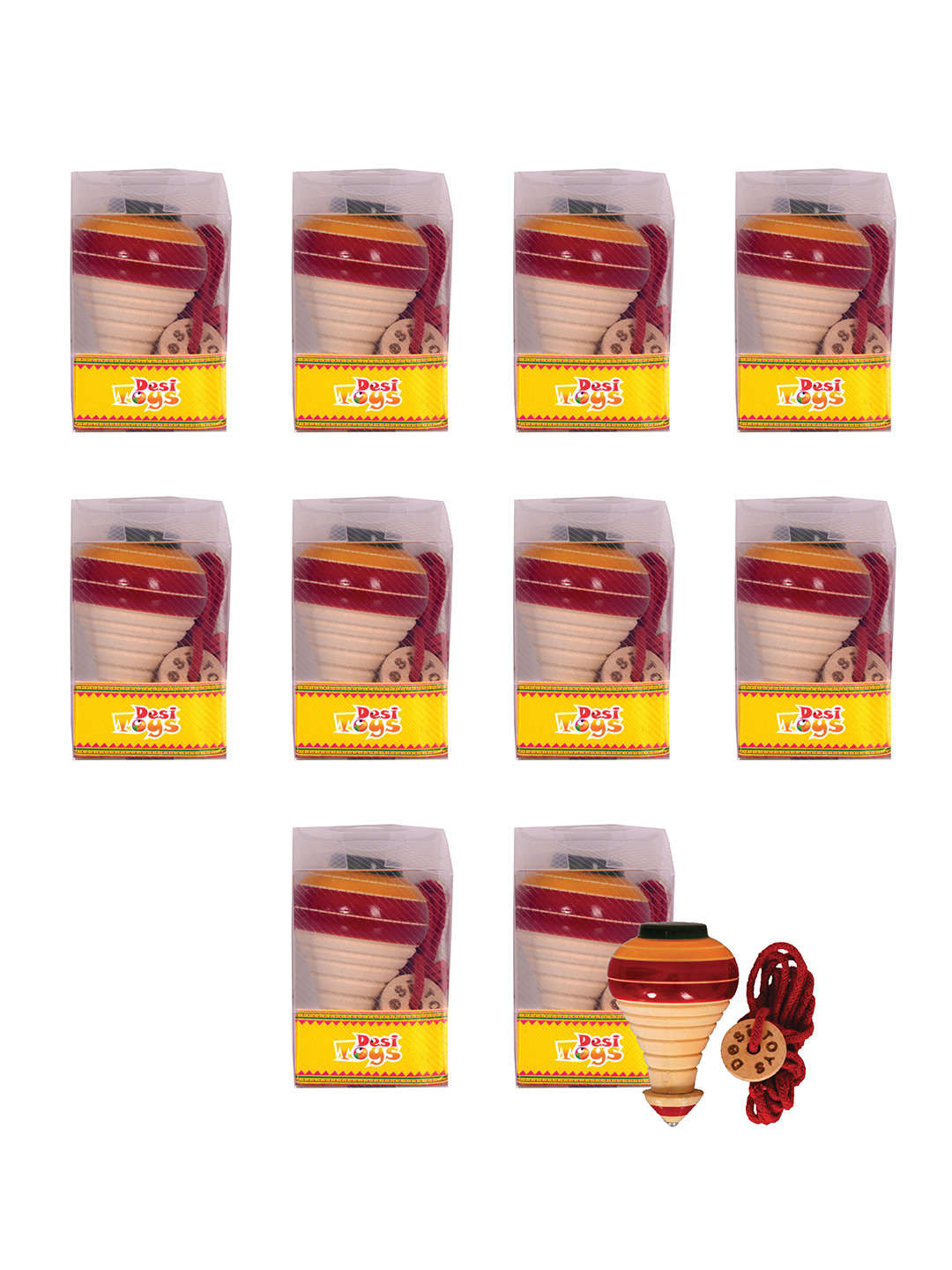 Desi Toys Kids Set Of 10 Wooden Spinning Tops