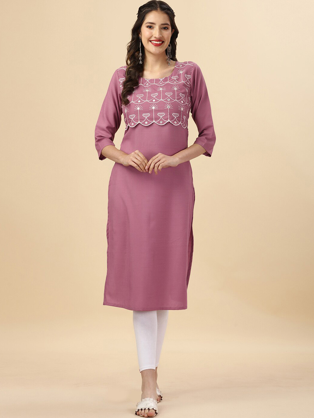 HERE&NOW Mauve & Biege Ethnic Motifs Embroidered Yoke Design Mirror Work Kurta