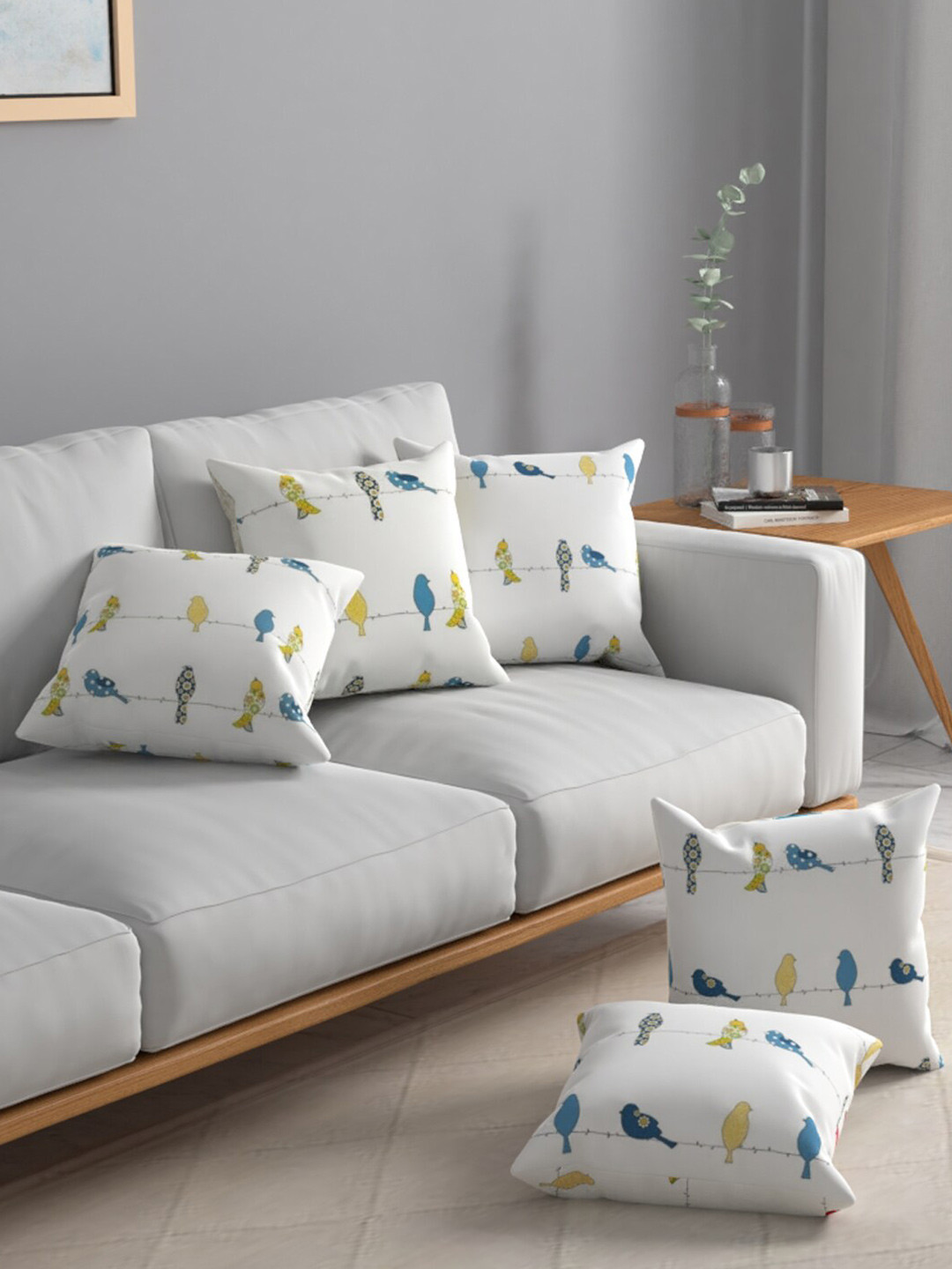 URBAN SPACE White & Blue 5 Pieces Quirky Printed Square Cushion Covers